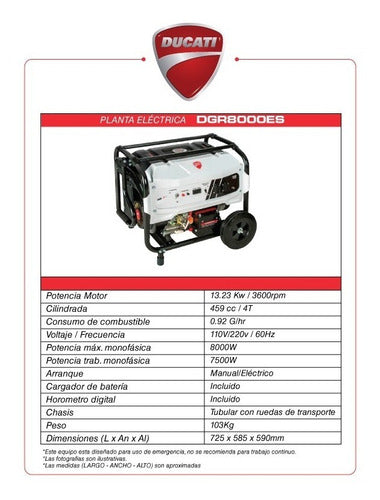 PLANTA ELECTRICA O GENERADOR DUCATI DGR 8800ES MOTOR A GASOLINA DE 4 TIEMPOS DE 13,23 HP